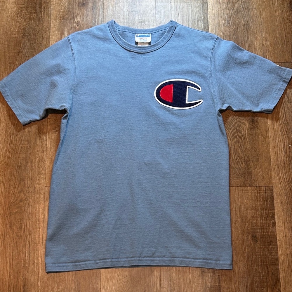 Champion Mens Big C Logo Patch T-Shirt Light Blue Cotton Crewneck Medium